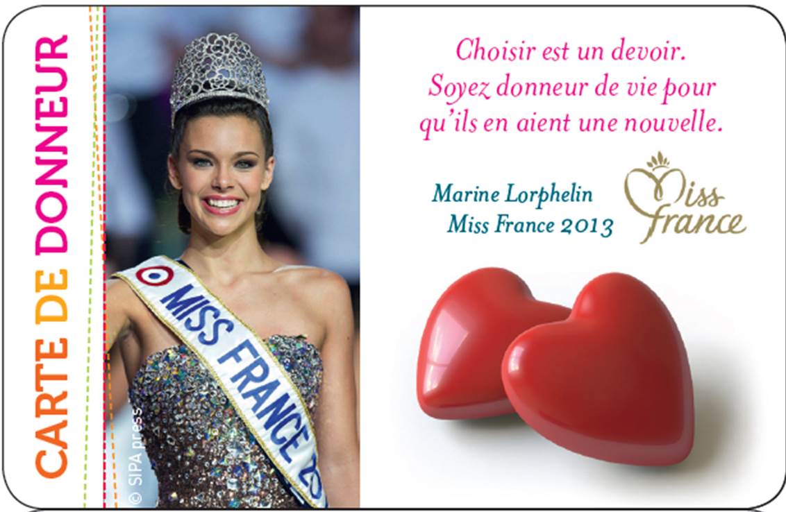 carte de donneur personnalise - miss france 2013 - marine lorphelin petit